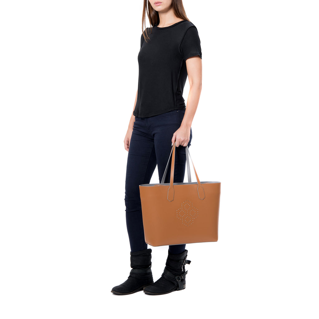 MISCHA Monogram Tote - Oak (model shot)