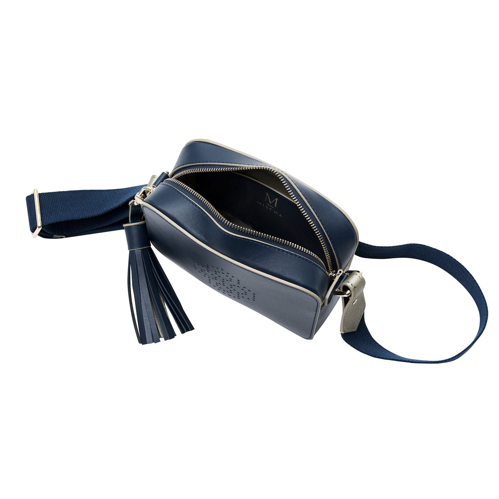 MISCHA Monogram Crossbody - Navy (open view with navy strap)