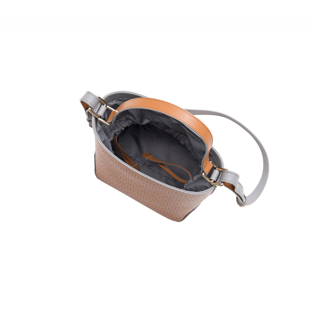 MISCHA Leather Bucket Bag - Oak (top open)